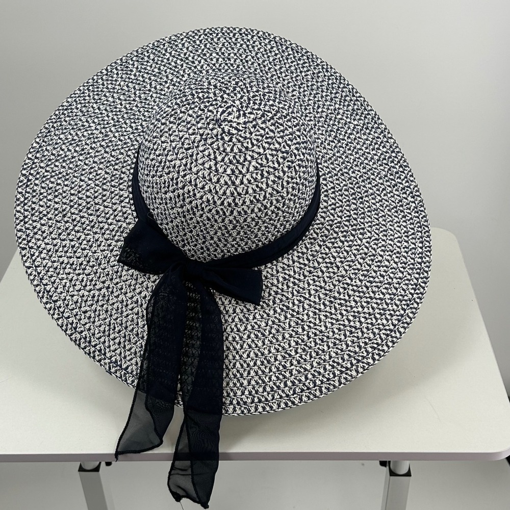 Wide Brim Straw Sun Hat Navy White Floppy Beach Hat Ribbon Tie‎ Boho Costal Chic
